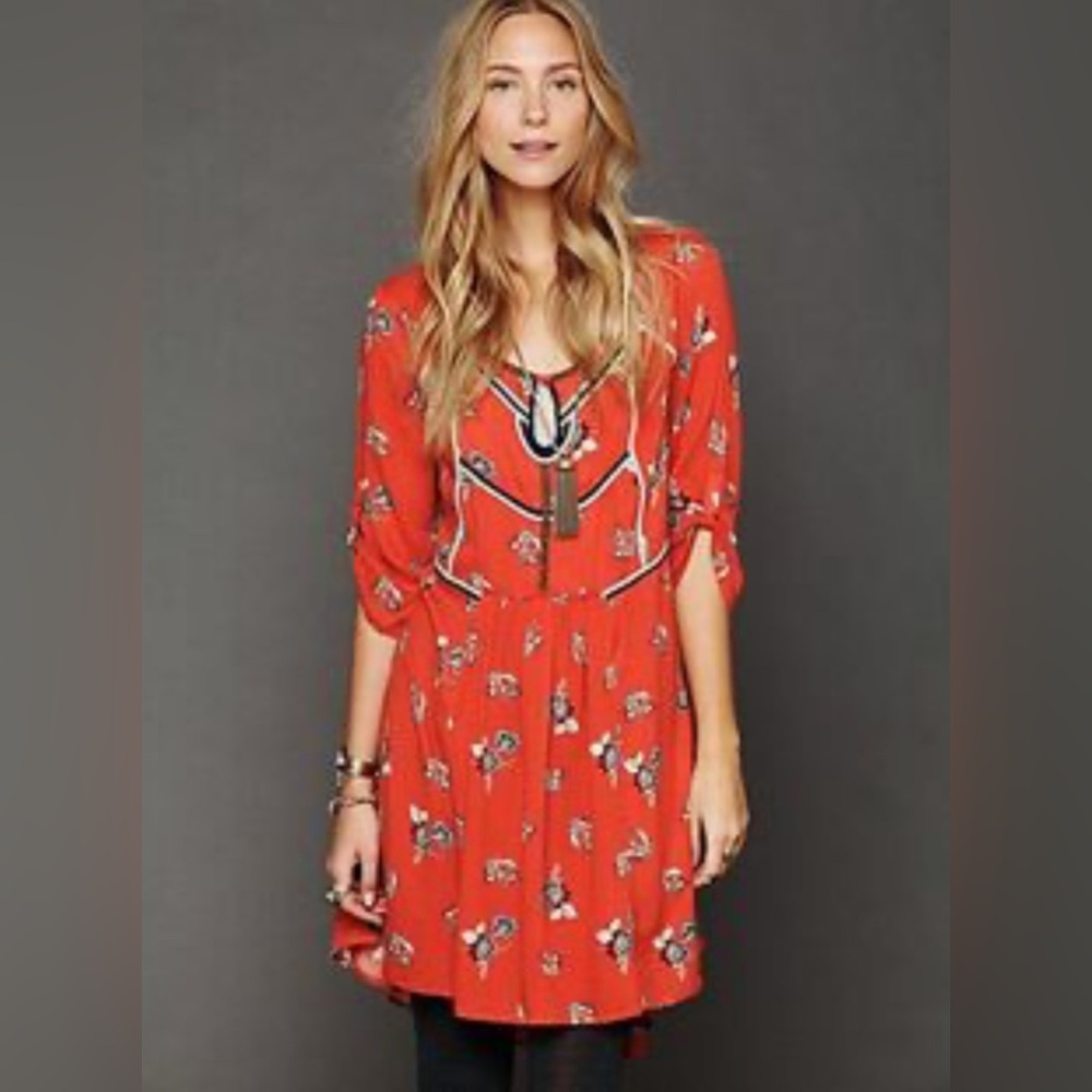 226 Free People Orange Boho Floral Rope Trim Dress Size XS